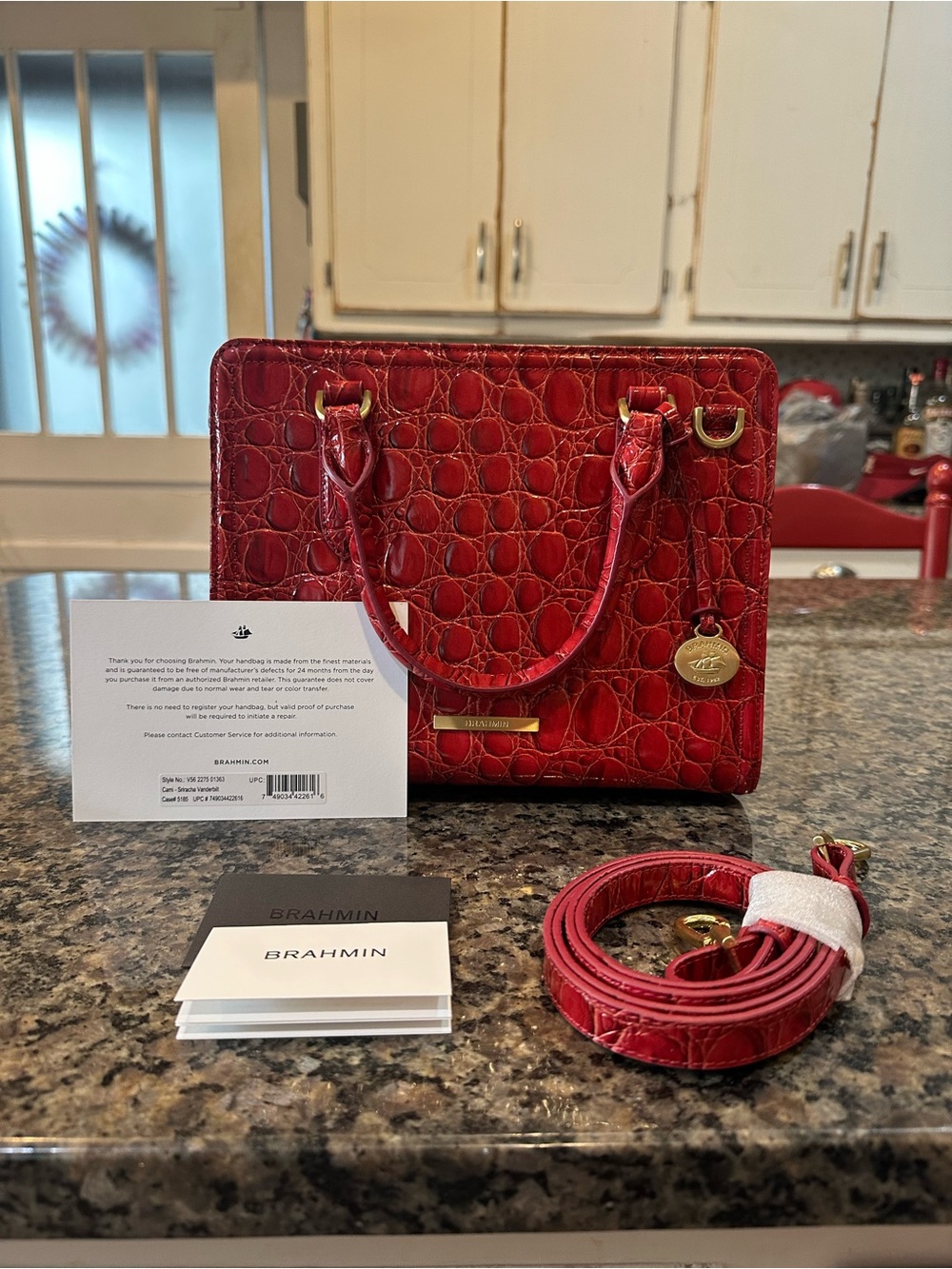 Brahmin Red Croc-Embossed Mini Satchel with Detachable Strap